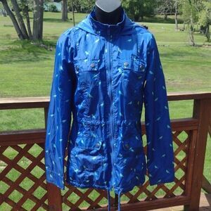 Mossimo Supply Co. Blue Full Zip Hooded Raincoat with Bird Print Size Small